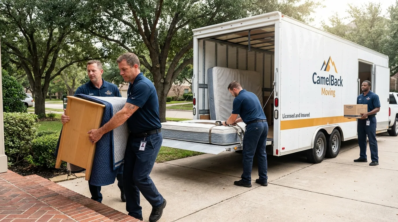 Crew loading residential truck for cross-state move from New Sharon, ME