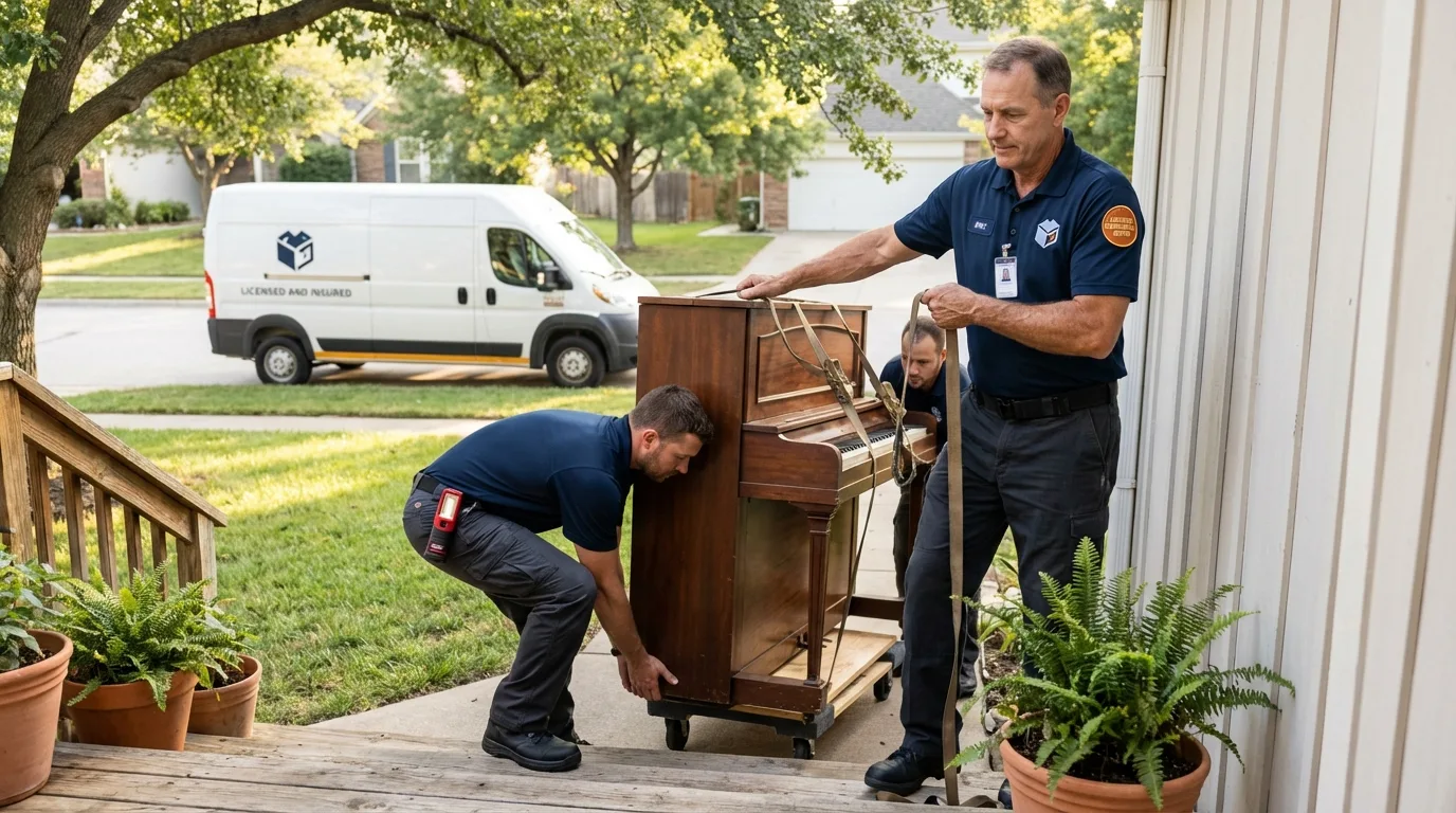 Licensed piano movers securing grand piano in New Sharon, ME