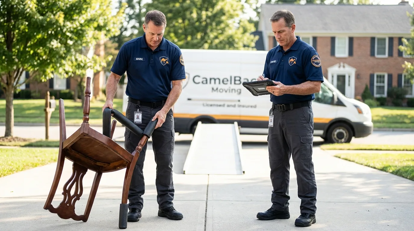 Movers inspecting furniture for damage prevention before loading in New Sharon, ME