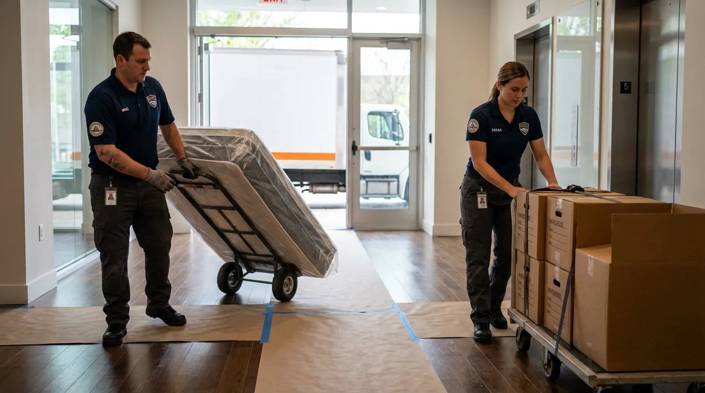 Professional apartment movers loading elevator in New Sharon, ME